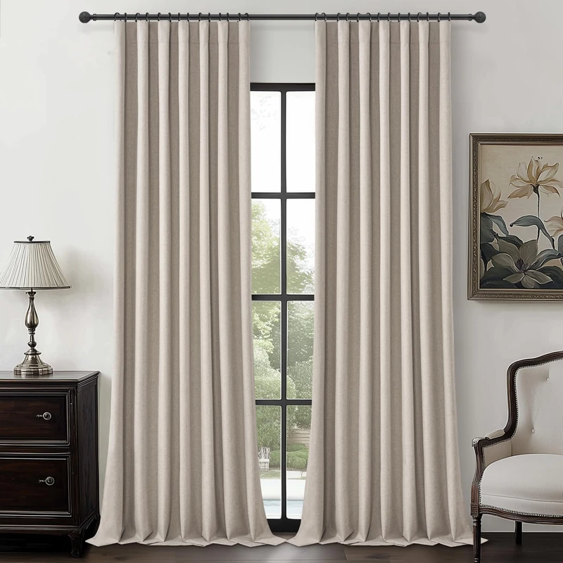 Grey Flax Curtains 92 inch Length 2 Panels Set, Hook Belt&Rod Pocket White Backing Beige Taupe Thermal Living Room/Bedroom/Sliding Door Linen Blackout Curtain Window Boho Summer Drapes (50"Wx92"Lx2)