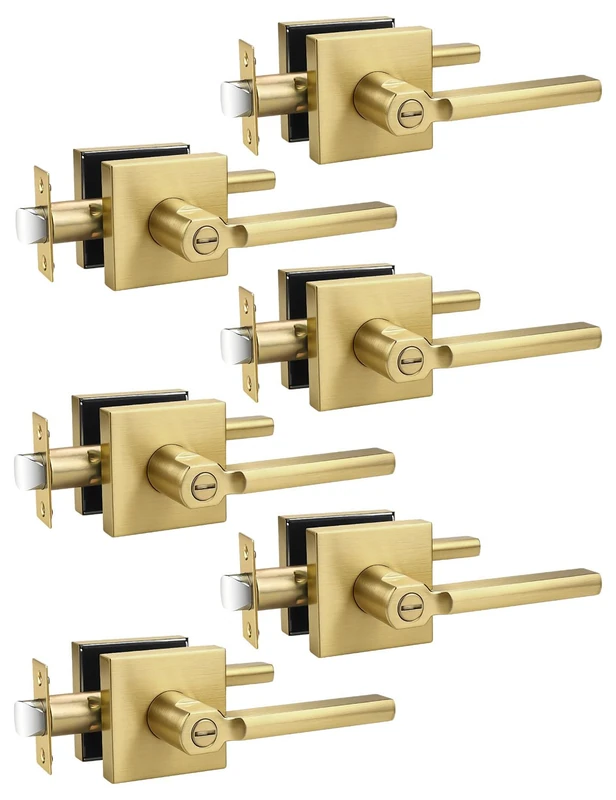 Tinewa 6 Pack Halifax Square Gold Privacy Interior Door Levers, Satin Brass Finish, Bed/Bath Door Levers Keyless Interior Handles Locksets