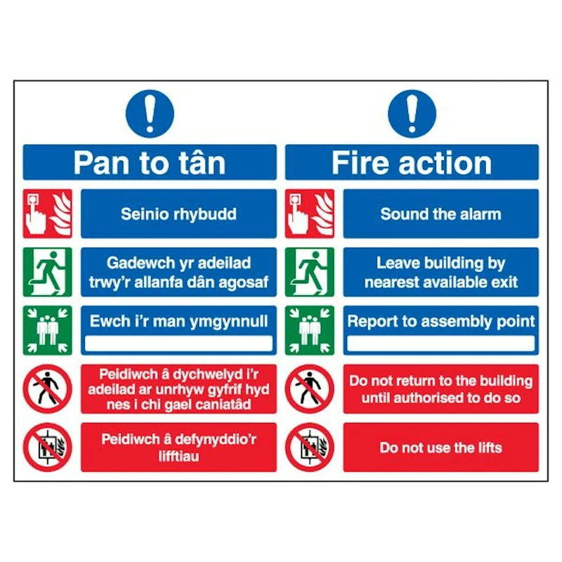 V Safety Welsh/English - 5 Point Fire Action Notice/Do Not Use The Lifts 600 x 450 mm - Glow In The Dark Self Adhesive Vinyl Safety Sign - Image 1