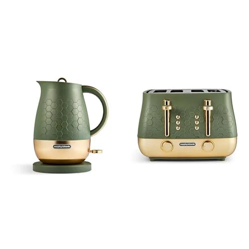 Morphy Richards Cassini Kettle and Toaster Bundle, 1.7L,3Kw Rapid Boil, Precision Pour Spout Kettle & 4 Slice Variable Browning and Width Slots Toaster, Matching Set, Olivine Green, 103022 | 243022