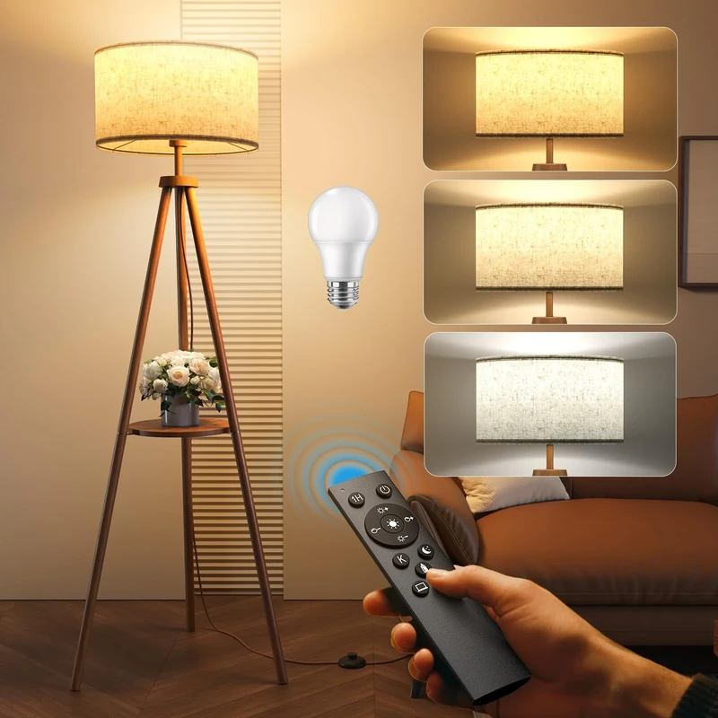 YICAIZI Tripod Floor Lamp with Storage Shelves - 12W Solid Wooden Standing Lamp with E27 Bulb & Remote Control, Corner Lights for Living Room, Bedroom (Walnut Wood)