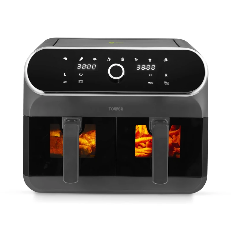 Tower T17195 Elite Dual Basket Air Fryer with Digital Control Panel and Viewing Windows, Match Cook & Sync Finish Functions, 8 Cooking Presets, Vortx Technology, 8L, 1700W, Graphite