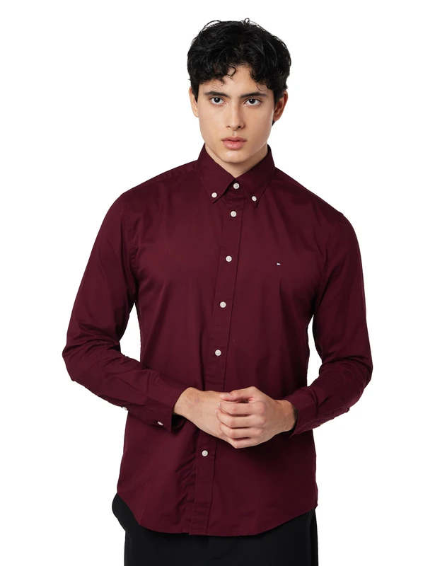 Tommy Hilfiger Men's, Flex Poplin Solid Rf Shirt MW0MW37550, L/S Shirt, Burgundy, M