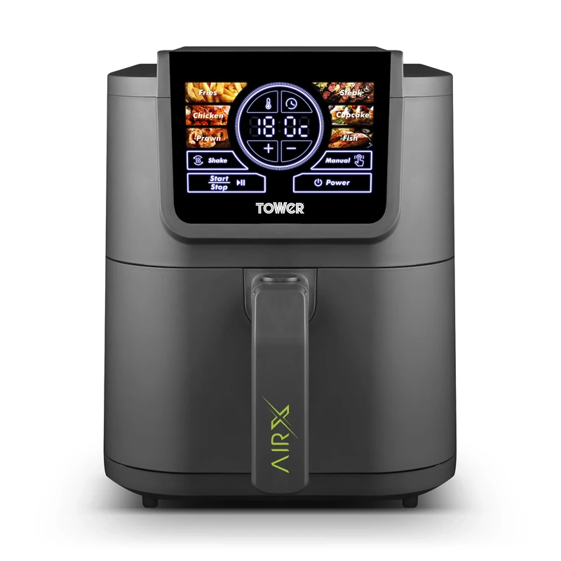 Tower T17166 AIRX 5L Digital Single Basket Air Fryer with A.I & Vortx Technology, 6 Cooking Pre-sets, Space Saving Design, 60 Minute Timer, 1500W, Grey