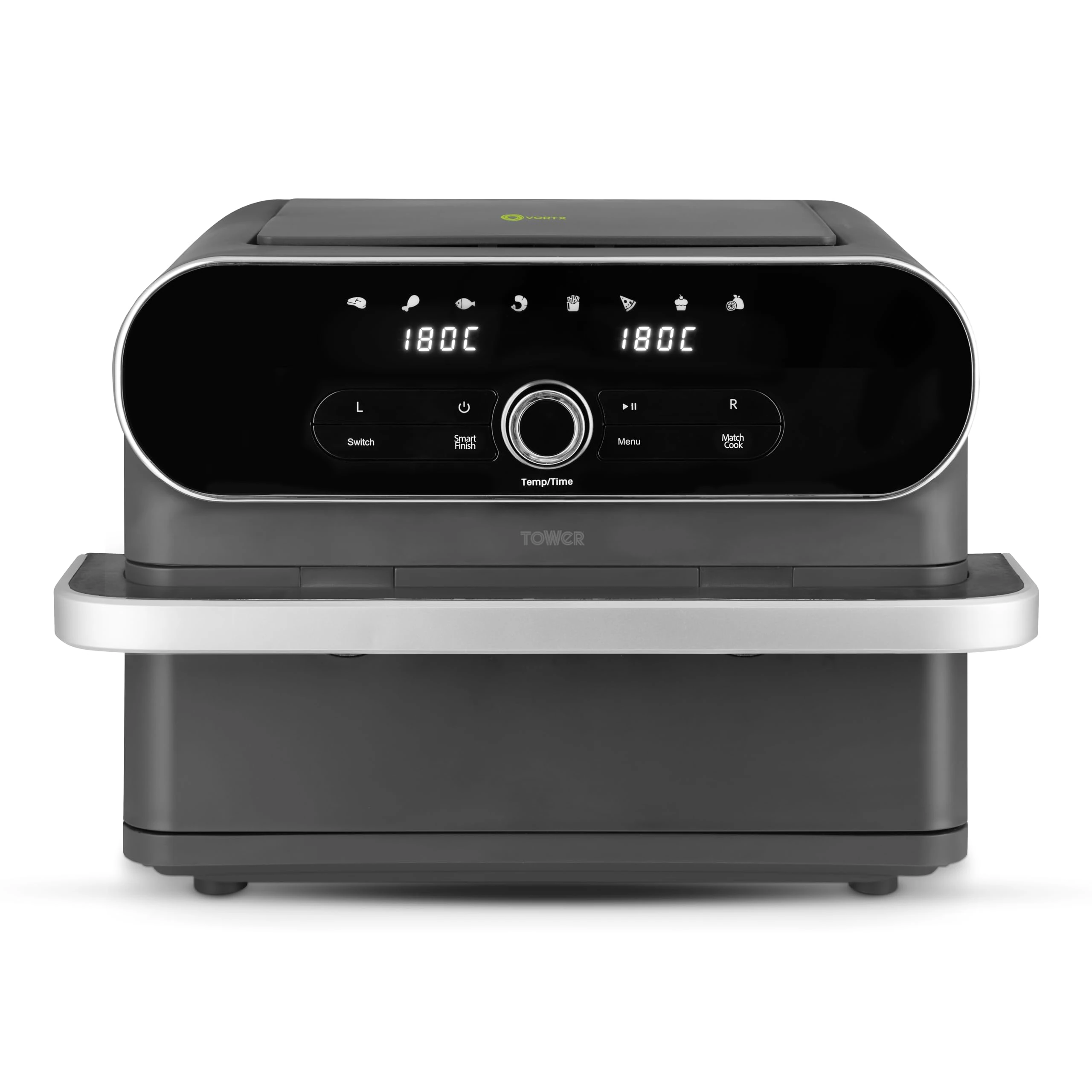 Tower T17200 Elite Flexi-Drawer Air Fryer with Divider, Vortx Cooking Technology, Digital Control Panel, 8 Cooking Presets, 1700W, Graphite