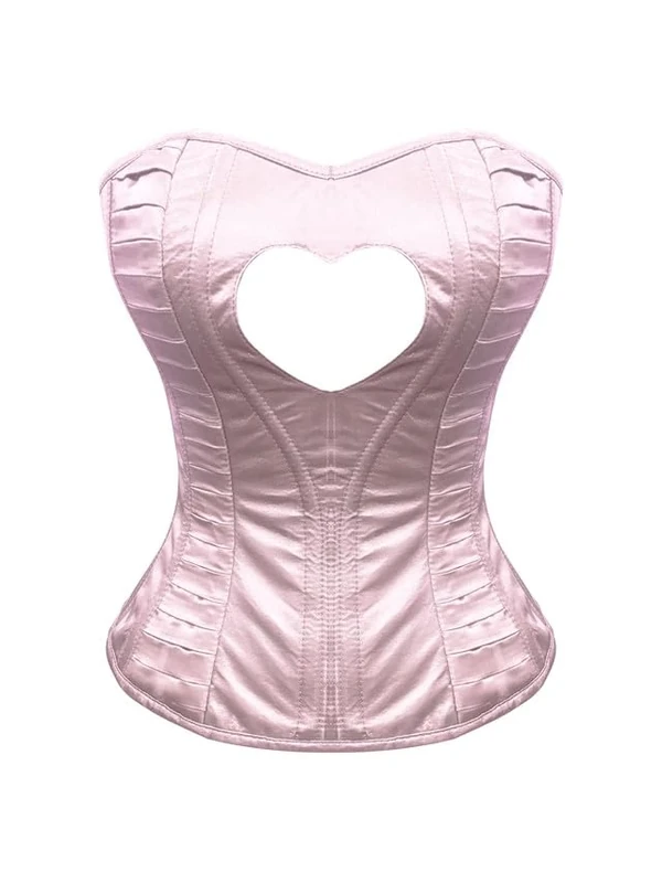 Women’s Light Pink Satin With Heart Cutout Sweetheart Neckline Burlesque Costume Overbust Corset Top