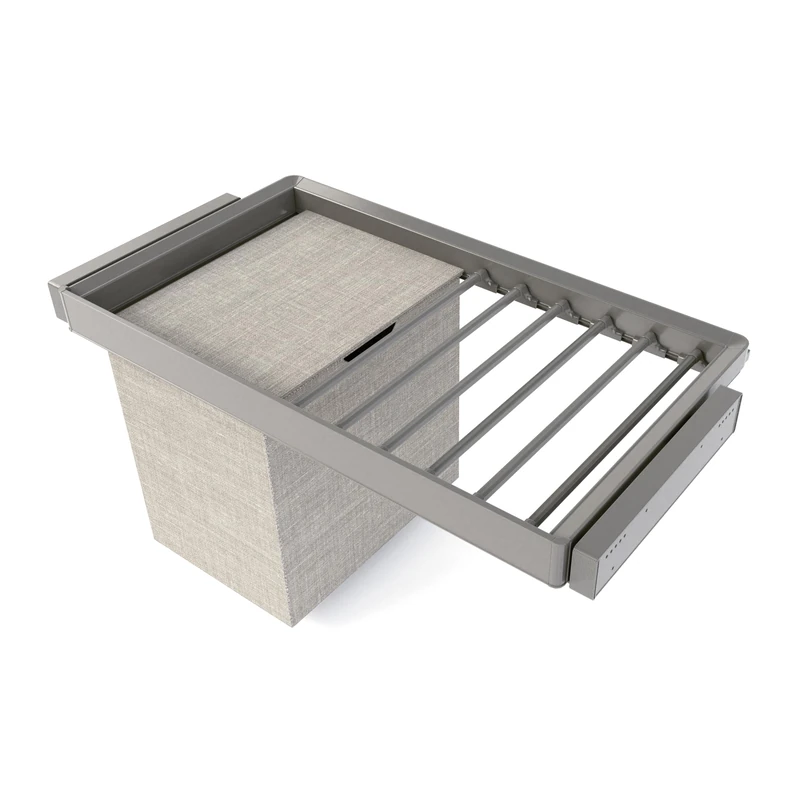 Emuca - Kit of 7-rod trouser holder, laundry basket and adjustable frame Quartz for wardrobes, Soft close and full extension runners, 90cm Module, Titanium Finish