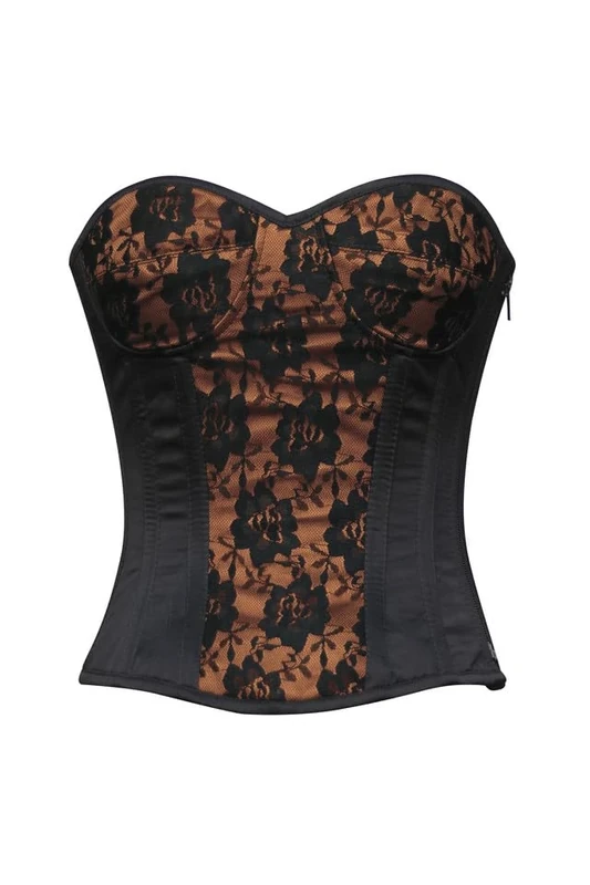 Women’s Black And Brown Satin Net Overlay Gothic Costume Overbust Corset