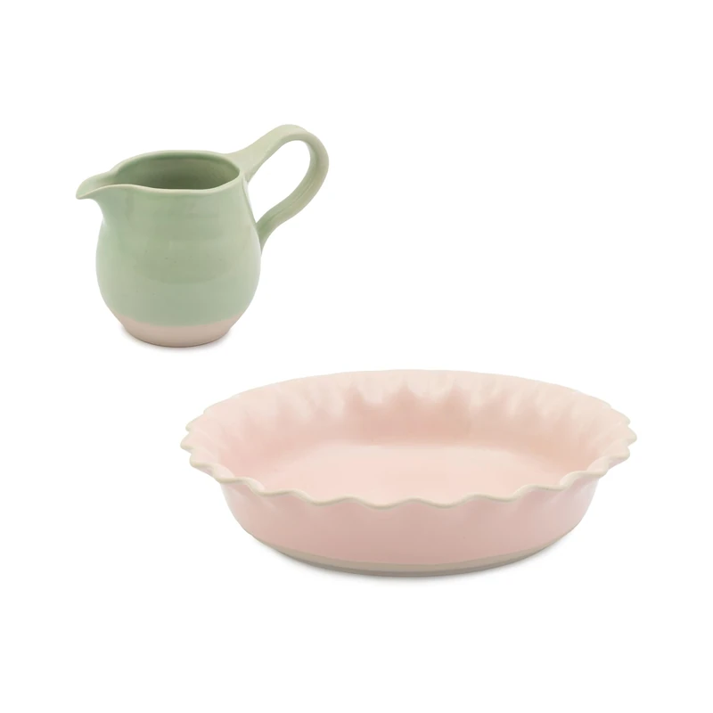 Jamie Oliver Big Love Proper Pie Set, Pink Round Stoneware Oven-To-Table Pie Dish with Scalloped Edges 28x28cm and Green Jug with Glossy Glaze,650ml, 19x11cm, Microwave, Oven, Dishwasher-Safe