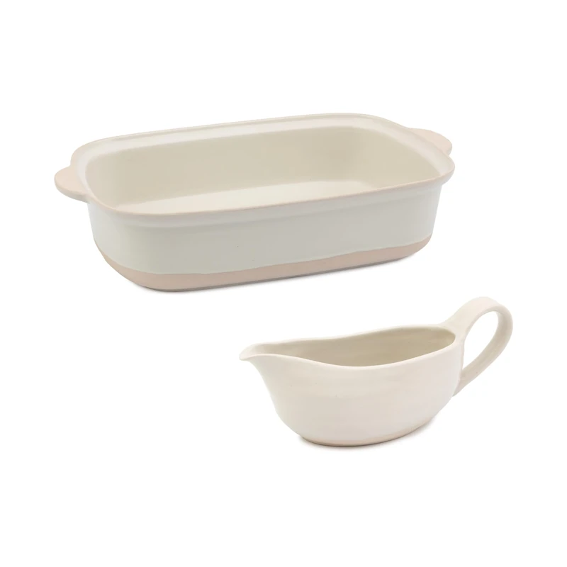 Jamie Oliver Big Love Epic Roast Set, Stoneware Roaster with Side Handles Oven Dishwasher-Safe, 39 x 25 x 8CM, Stoneware White Gravy Boat, Microwave, Dishwasher, Oven-Safe, 23x8x10CM, 400ML