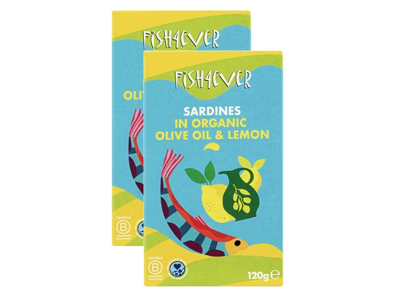 Fish 4 Ever | Whole Sardines in Organic Olive Oil & Lemon - Sustainably Fished. Tin Canned Food Rich in Omega-3, Ready Seasoned, Great for Lunch Meals |120g (Pack of 2)