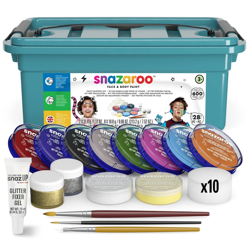 Snazaroo Halloween Face Painters Kit for Kids & Adults, 28 Pieces, 10 Colours, Brushes, Glitter Gels, Sponges, Guide, Water Based, Easily Washable, Makeup, Body Painting