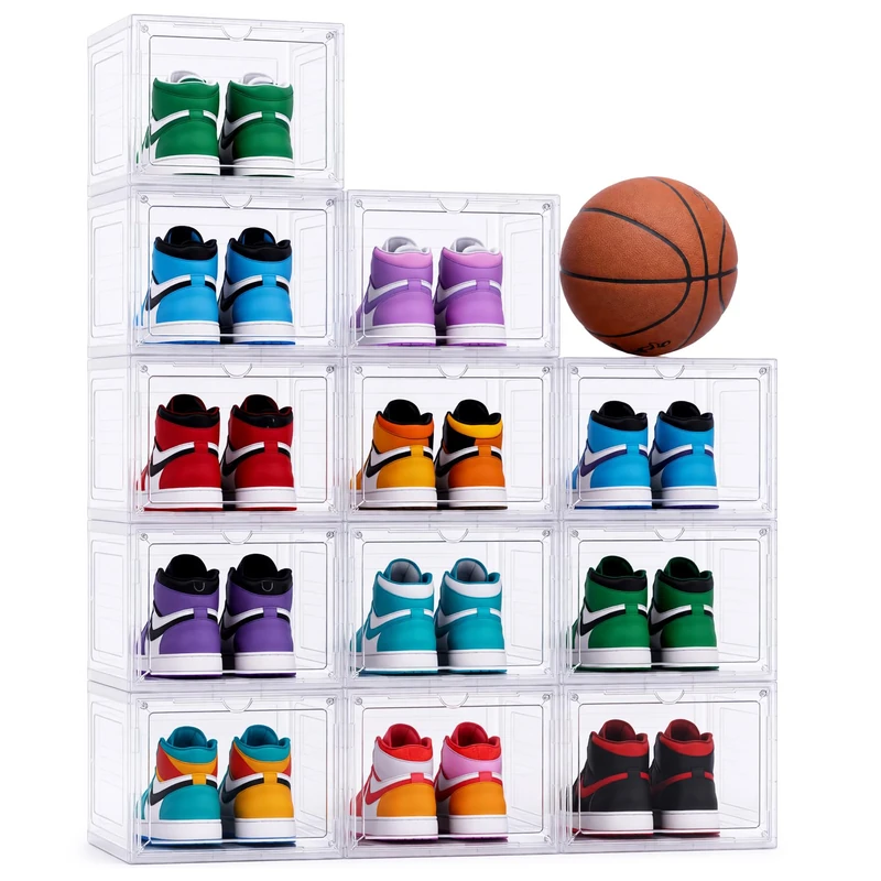 Yukui LLc Large Transparent Shoe Storage Boxes, Stackable, 12 Pieces, Hard Plastic Shoe Storage Organizer with Magnetic Doors, Shoe Box