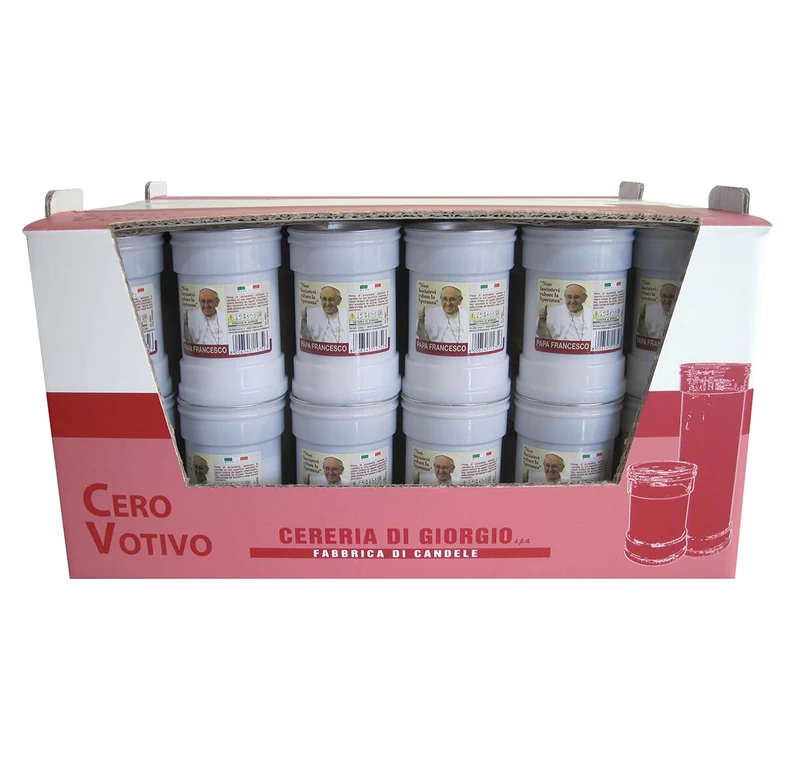 Pack of 60 Votive Candles Model P30 - White - Label Dedicated to Pope Francis - Diameter 6.3 cm Height 9.5 cm - Cereria Di Giorgio