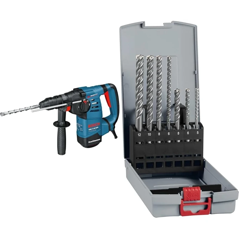 Bosch Professional Rotary Hammer with SDS Plus GBH 3-28 DFR + 7X PRO SDS plus-5X Hammer Drill Bit Set (for Concrete, Lime and Sand Bricks, Ø 5-12 mm)