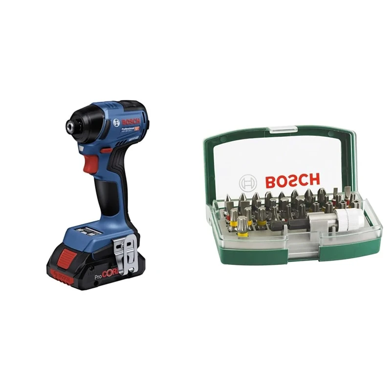 Bosch Professional 18V System Cordless Impact Wrench GDR 18V-220 C (Pull Force of 220 Nm, Brushless Motor, Includes 1x Belt Clip, Battery/Charger Not Included) + 32pc. Screwdriver Bit Set