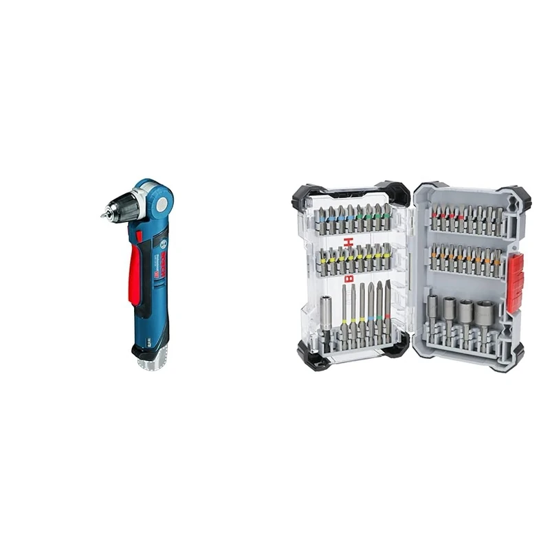 Bosch Professional 12V System Cordless Angle Drill GWB 12V-10 (1/2 L-BOXX Inlay, Without Battery/Charger) + 43x Extra Hard Screwdriver Bit Set (197 x 110.5 mm, Accessories)