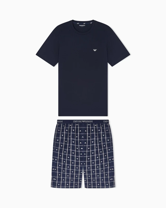 EMPORIO ARMANI Men's WOVEN T-SHIRT+SHORTS PYJAMA Blue M