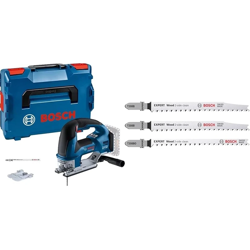 Bosch Professional 18V System Cordless Jigsaw GST 18V-155 BC + 3X Expert Wood 2-Side Clean Jigsaw Blade Set (for Solid Wood Furniture Board, Plywood, Length 117 mm)