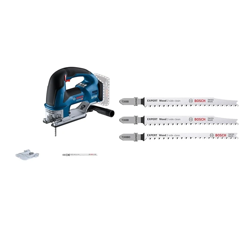 Bosch Professional 18V System Cordless Jigsaw GST 18V-155 BC + 3X Expert Wood 2-Side Clean Jigsaw Blade Set (for Solid Wood Furniture Board, Plywood, Length 117 mm)