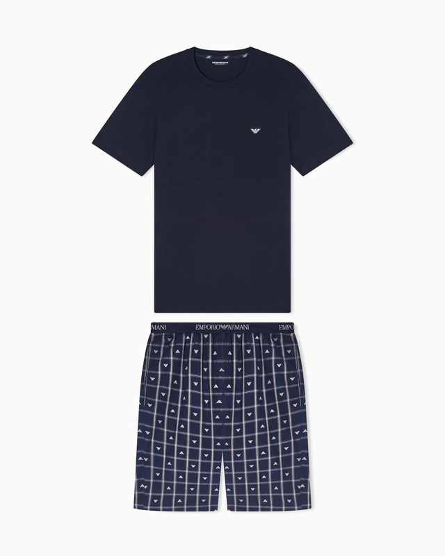 EMPORIO ARMANI Men's WOVEN T-SHIRT+SHORTS PYJAMA Blue XL