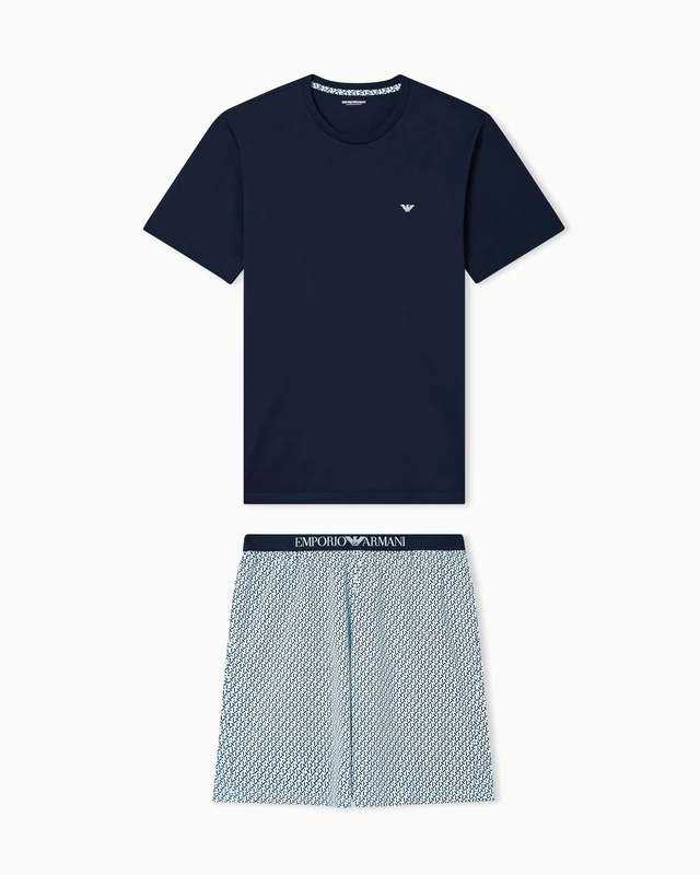 Emporio Armani Men's PATTERN T-SHIRT+SHORTS PYJAMA Blue L