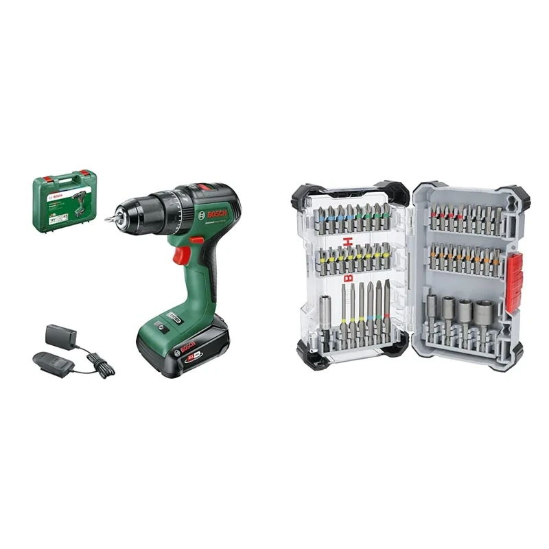 Bosch UniversalImpact 18 V-60 Battery Hammer Drill (1 x 2.0 Ah Battery, 18 V System, in Carrying case) + 43x Extra Hard Screwdriver Bit Set (197 x 110.5 mm, Accessories)
