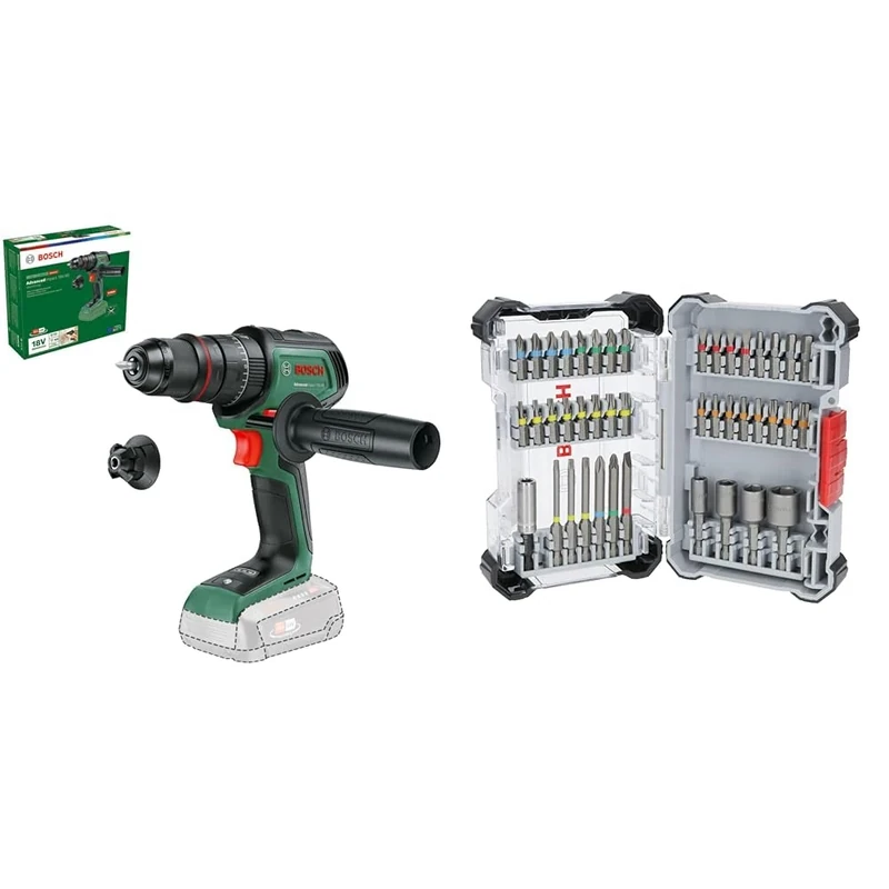 Bosch Cordless Hammer Drill AdvancedImpact 18V-80 QuickSnap (for Drilling and Screwdriving; Without Battery) + 43x Extra Hard Screwdriver Bit Set (197 x 110.5 mm, Accessories)