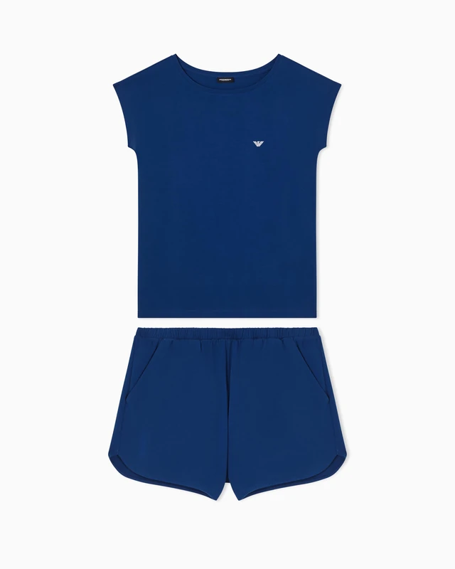 Emporio Armani Women's EVERYDAY COTTON T-SHIRT+SHORTS PYJAMA Blue L