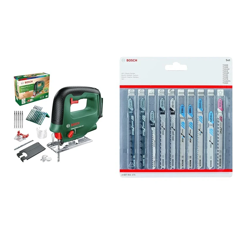 Bosch Home and Garden Cordless Jigsaw UniversalSaw 18V-100 (Without Battery, 18 Volt System, 15 pcs Jigsaw Blade Set Included) + 10-Piece Set Jigsaw Blades Set (for Wood and Metal, Accessories)