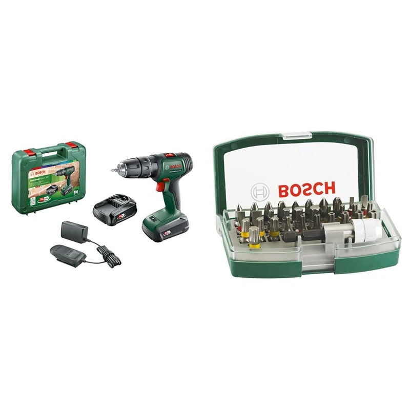 Bosch Akku Schlagbohrschrauber UniversalImpact 18 V (2 Akkus, 18 Volt System, im Koffer) + 32pc. Screwdriver Bit Set (PH-, PZ-, Hex-, T-, TH-, S-Bit, Accessories Drill and Screwdriver)