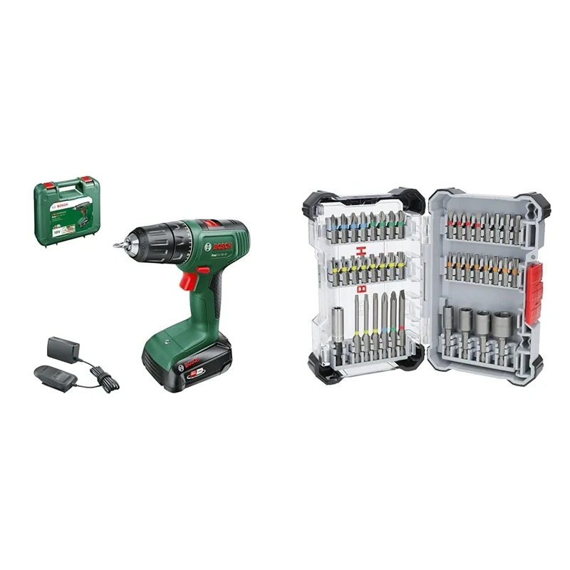 Bosch Home and Garden Cordless Drill EasyDrill 18V-40 (1 Battery 2.0 Ah, 18 Volt System, in Carrying case) + 43x Extra Hard Screwdriver Bit Set (197 x 110.5 mm, Accessories)
