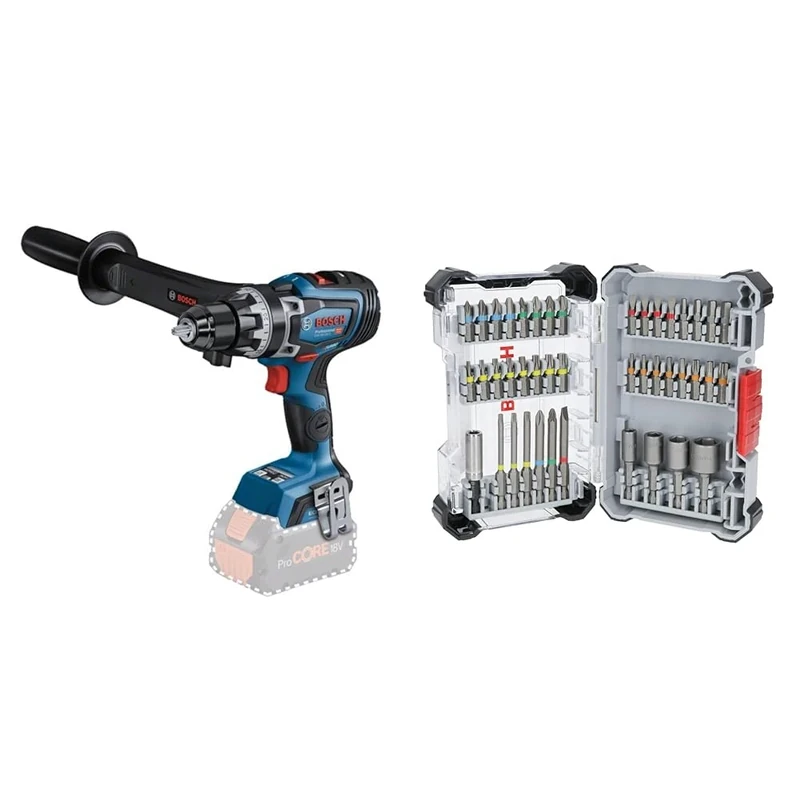 Bosch Professional 18V System BITURBO Cordless Drill Driver GSR 18V-150 C (incl. Aux. Handle, Without Battery/Charger) + 43x Extra Hard Screwdriver Bit Set (197 x 110.5 mm, Accessories)