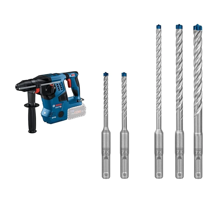 Bosch Professional 18V System Cordless Rotary Hammer GBH 18V-28 C + 5X Expert SDS plus-7X Hammer Drill Bit Set (for Soft Stone, Hard Stone, Ø 5-10 mm)