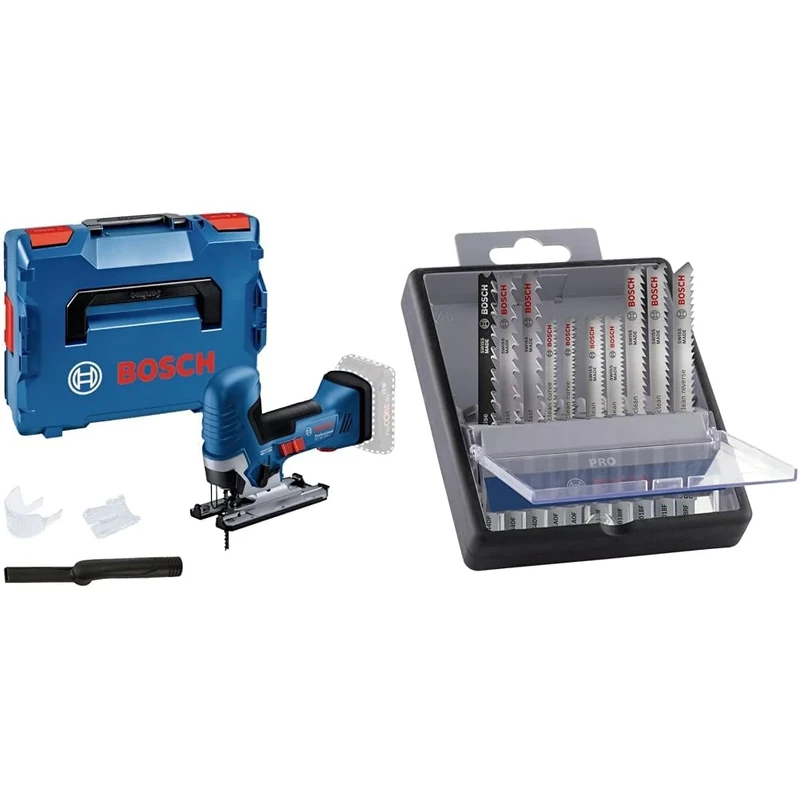 Bosch Professional 18V System Cordless Jigsaw GST 18V-125 S + 10x PRO Hardwood and Laminate Jigsaw Blade Set (for Hardwood, Parquet, Length 83 mm)