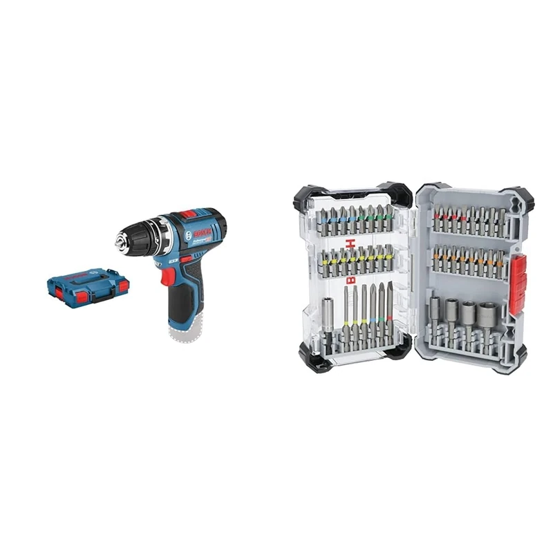 Bosch Professional 12V System Cordless Drill Driver (incl. GFA 12-B Drill Chuck Adapter, 2X L-BOXX Inlay, Without Battery/Charger) + 43x Extra Hard Screwdriver Bit Set (197 x 110.5 mm, Accessories)