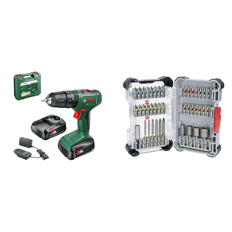 Bosch Cordless Combi Drill EasyImpact 18V-40 (2 Batteries 2.0 Ah, 18 Volt System, in Carrying Case) + 43x Extra Hard Screwdriver Bit Set (197 x 110.5 mm, Accessories)