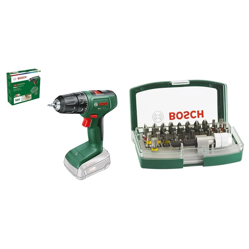 Bosch Home and Garden Cordless Drill Driver EasyDrill 18V-40 (Without Battery, 18 Volt System, in Carton Packaging) + 32pc. Screwdriver Bit Set (PH-, PZ-, Hex-, T-, TH-, S-Bit, Accessories)