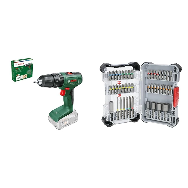 Bosch Home and Garden Cordless Combi Drill EasyImpact 18V-40 (Without Battery, 18 Volt System, in Carton Packaging) + 43x Extra Hard Screwdriver Bit Set (197 x 110.5 mm, Accessories)