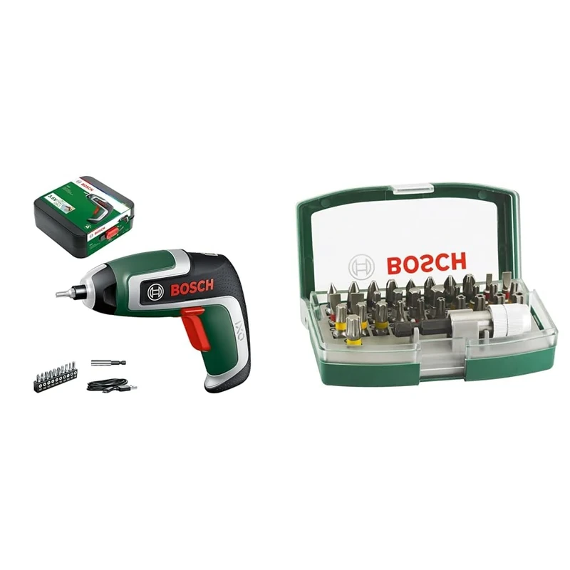 Bosch Compact Cordless Screwdriver IXO (7th Generation; with Micro-USB Cable; Compatible with IXO-Collection Attachments; Screws up to 190 Screws; in Storage Box) + 32pc. Screwdriver Bit Set