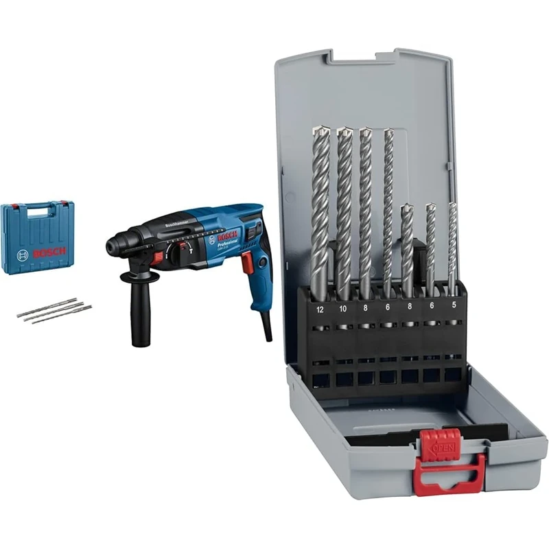 Bosch Professional GBH 2-21 Hammer Drill + 7X PRO SDS plus-5X Hammer Drill Bit Set (for Concrete, Lime and Sand Bricks, Ø 5-12 mm)