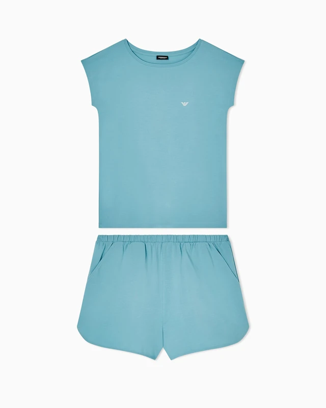 Emporio Armani Women's EVERYDAY COTTON T-SHIRT+SHORTS PYJAMA Blue M