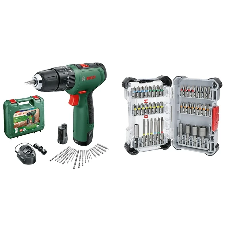 Bosch Cordless Hammer Drill EasyImpact 1200 (2X Batteries, 12 Volt System, 19 Accessories, in Carrying case) + 43x Extra Hard Screwdriver Bit Set (197 x 110.5 mm, Accessories)