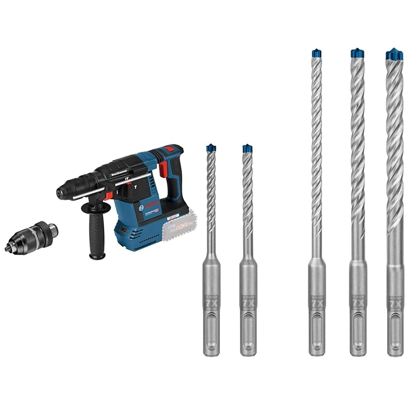 Bosch Professional 18V System Cordless Rotary Hammer GBH 18V-26 F (SDS Plus, Without Battery/Charger) + 5X Expert SDS plus-7X Hammer Drill Bit Set (for Soft Stone, Hard Stone, Ø 5-10 mm)