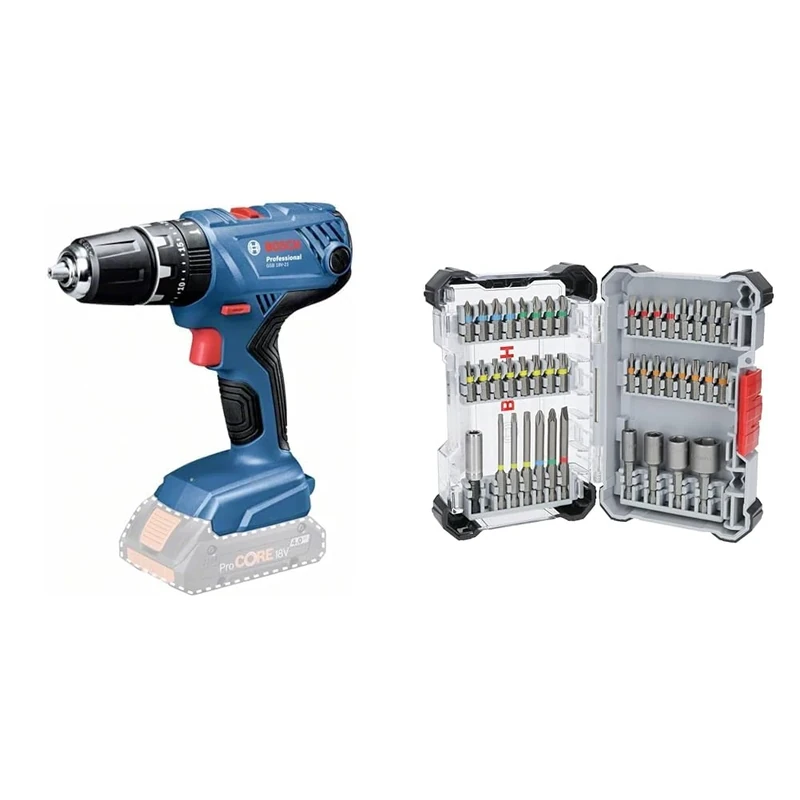 Bosch Professional 18V System Cordless Combi Drill GSB 18V-21 (max. Torque 55 Nm, Without Battery/Charger) + 43x Extra Hard Screwdriver Bit Set (197 x 110.5 mm, Accessories)