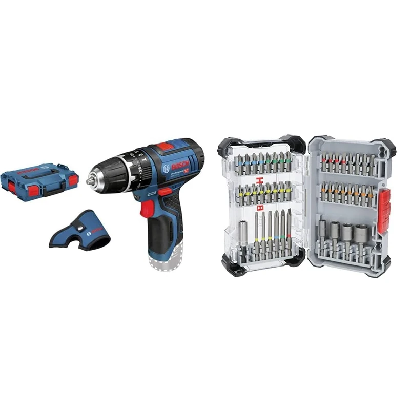 Bosch Professional 12V System GSB 12V-15 Cordless Combi Drill (Without Rechargeable Battery and Charger, in L-BOXX) + 43x Extra Hard Screwdriver Bit Set (197 x 110.5 mm, Accessories)