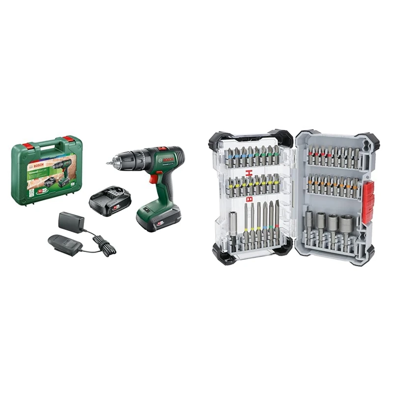 Bosch Akku Schlagbohrschrauber UniversalImpact 18 V (2 Akkus, 18 Volt System, im Koffer) + 43x Extra Hard Screwdriver Bit Set, 43-Piece (197 x 110.5 mm, Professional Accessories Screwdriver, Drill)