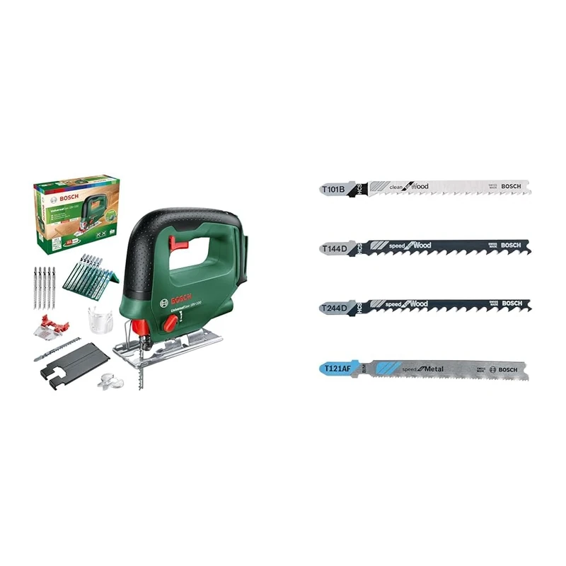 Bosch Home and Garden Cordless Jigsaw UniversalSaw 18V-100 (Without Battery, 15 pcs Jigsaw Blade Set Included, Carton Packaging) + Tough Box Jigsaw Blade-Set with Single Lug Shank, Set of 40 Piece