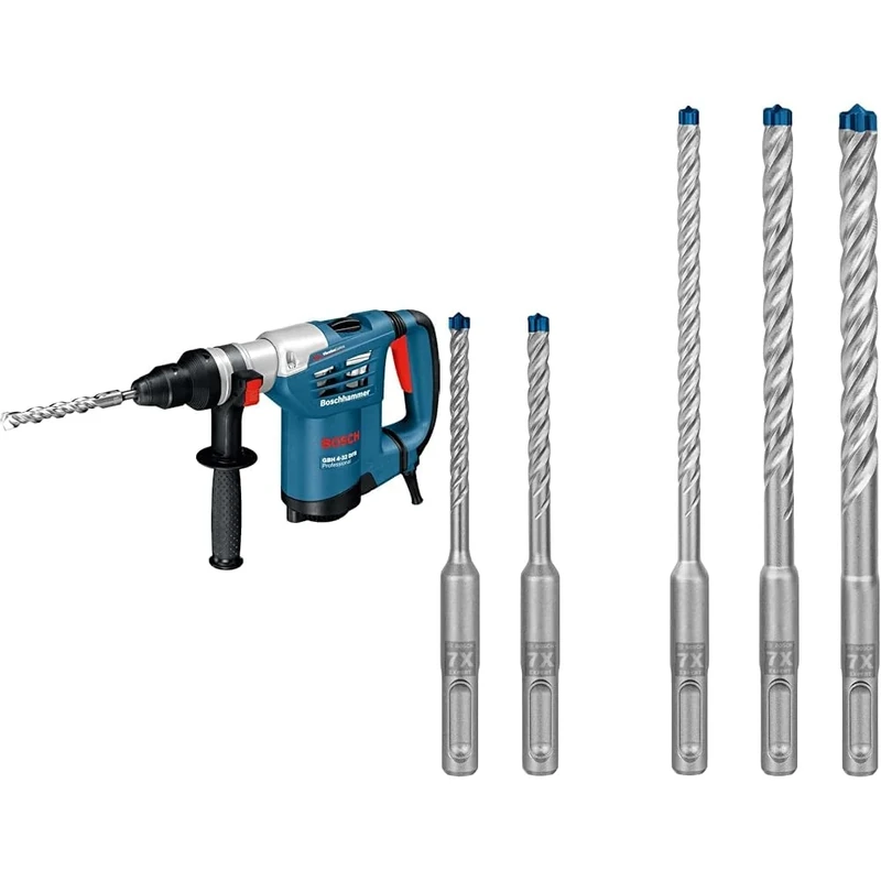 Bosch Professional GBH 4-32 DFR Corded 110 V Rotary Hammer Drill with SDS Plus + 5X Expert SDS plus-7X Hammer Drill Bit Set (for Soft Stone, Hard Stone, Ø 5-10 mm)
