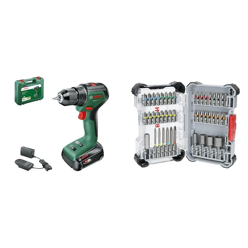 Bosch Cordless Combi Drill AdvancedImpactDrive 18 (1x Battery, 18 Volt System, in Carton Packaging) + 43x Extra Hard Screwdriver Bit Set (197 x 110.5 mm, Accessories)